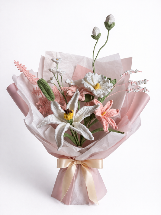 Artist Designed Botanical Crochet Bouquet – Rain Lily & Lily with Smartweed, Orange Jasmine, Southern Magnolia and Fern Accents