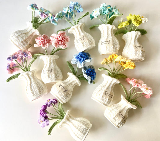 Handmade Crochet Plants in Vase - Forget-me-not and Hydrangea