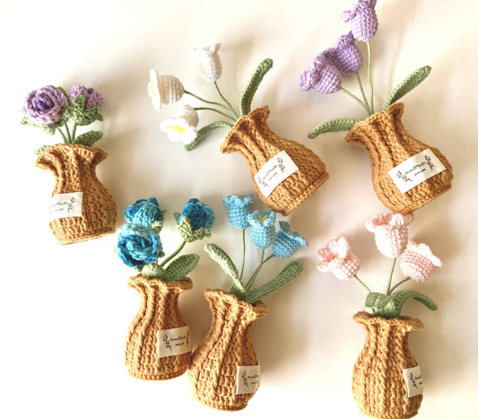 Handmade Crochet Plants in Vase - Mini Roses and Lily in the Valley
